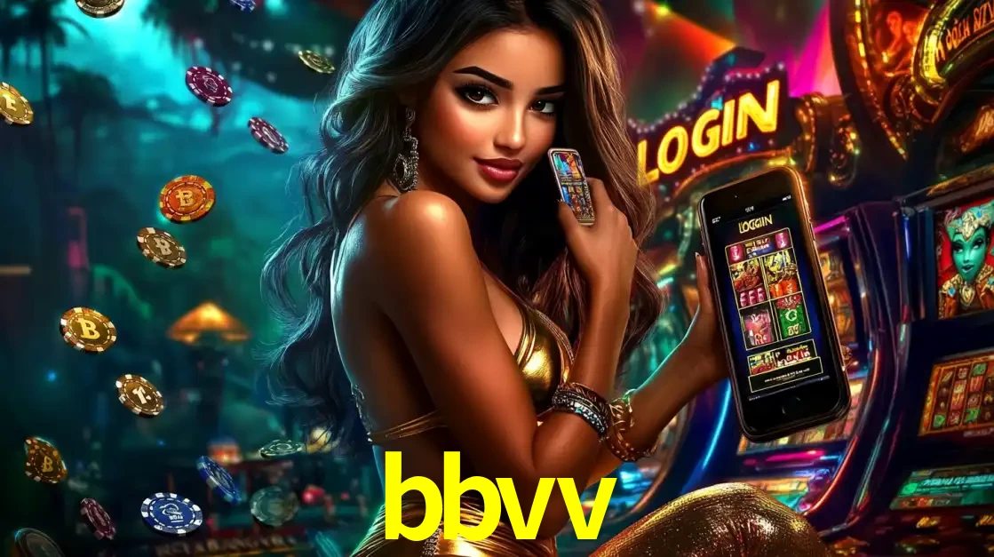 Mulher em um cenário de cassino temático de aventura, mostrando o app de caça-níqueis da bbvv no celular. Fichas de apostas flutuam ao redor.