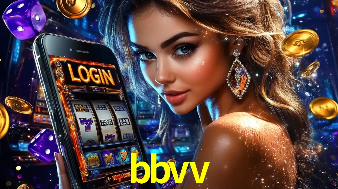 Mulher glamorosa segurando um smartphone com a tela de login para os jogos de caça-níqueis do cassino online bbvv, com moedas de ouro e dados ao redor.