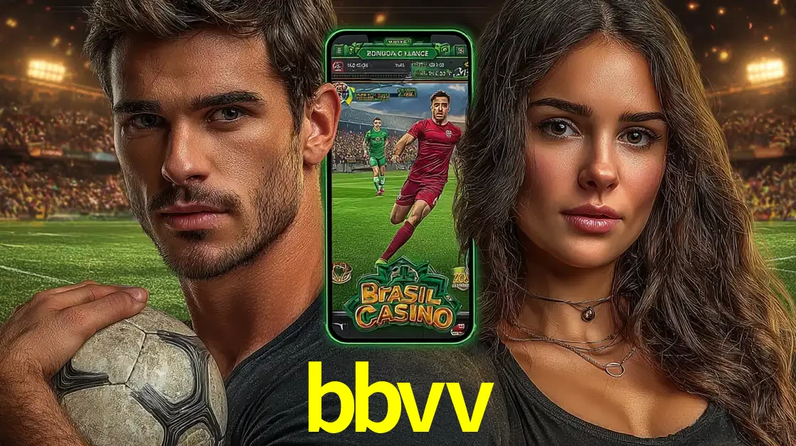 Homem segurando uma bola de futebol e uma mulher ao lado de um smartphone exibindo o jogo de apostas esportivas da bbvv. Faça seu palpite no cassino online.